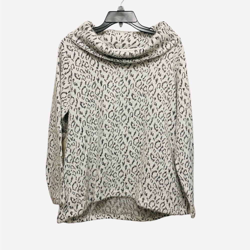 Once & Again White and Black Leopard Print Cowl Neck Pullover Sweater
